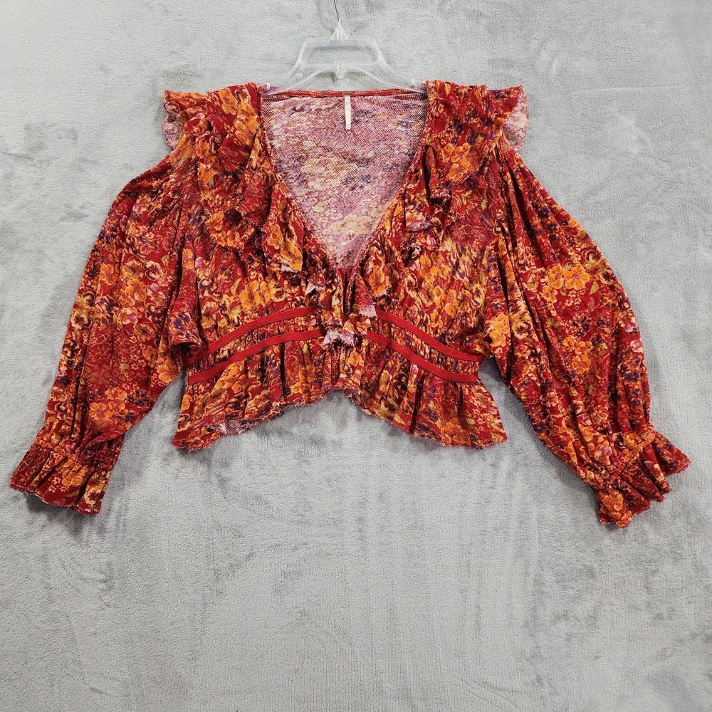 Free People Top Womens XL Red Rudi Floral Printed Ruffle Crop Blouse Boho Hook